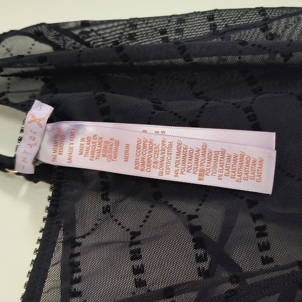 Savage X Fenty Flocked Logo Teddy Sheer Black Bodysuit Teddy Sz Med Women - Picture 4 of 12